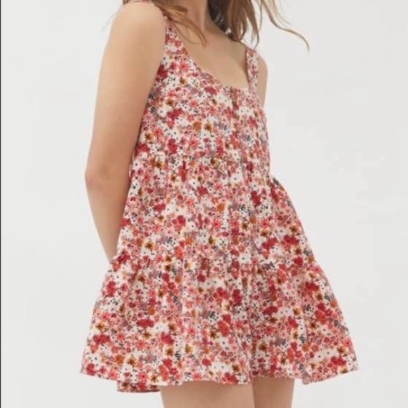 Urban Outfitters Floral Tiered Babydoll Romper Red Pink Orange Boho Festival S - Picture 2 of 7